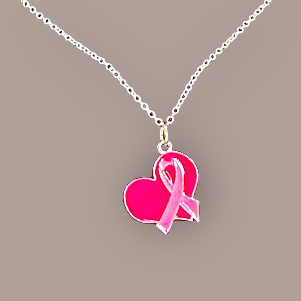 Breast Cancer Pink Hope Heart With Silver Tone Chain Necklace with Lobster Clasp